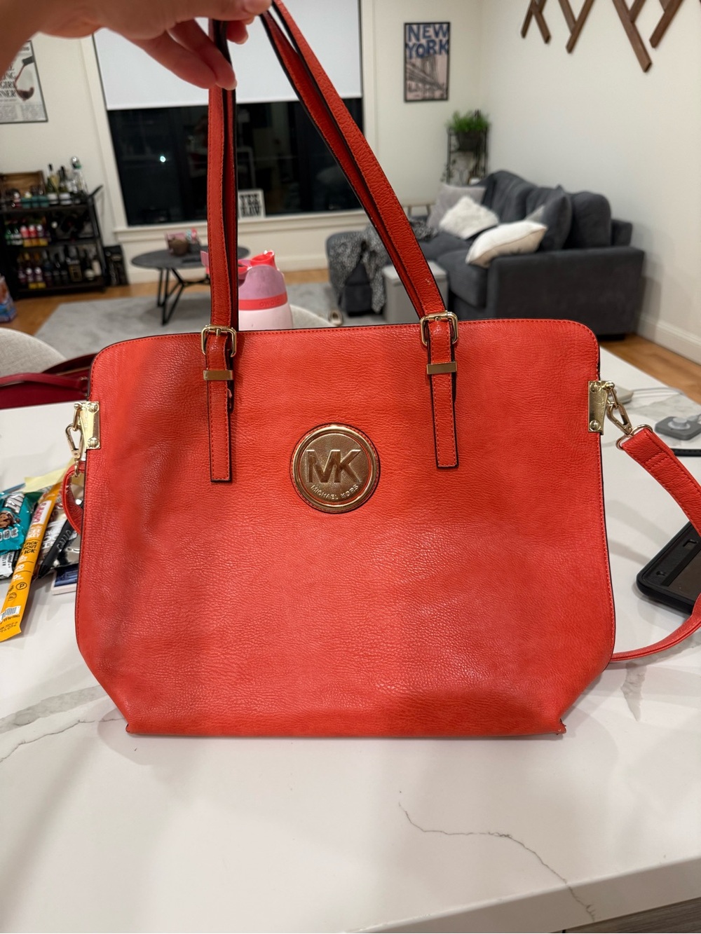 Michael Kors Orange Leather Shoulder Bag with Gold MK Emblem
